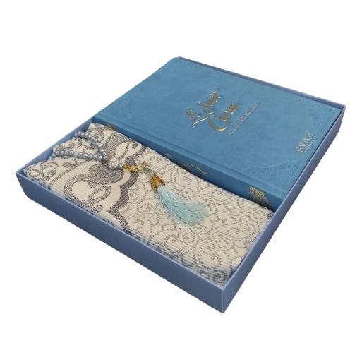 Coffret Coran de Luxe : Coran Fr/Ar, Tapis et Chapelet - Arabe Hafs - QR Code Inclus - Bleu Pastel - 2 Formats - Editions Sanadi