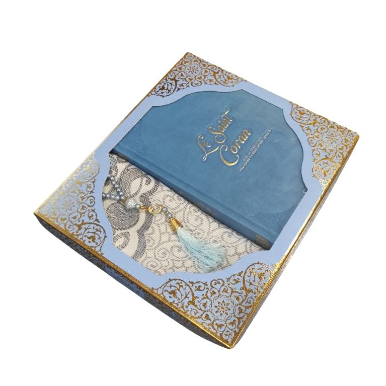 Coffret Coran de Luxe : Coran Fr/Ar, Tapis et Chapelet - Arabe Hafs - QR Code Inclus - Bleu Pastel - 2 Formats - Editions Sanadi