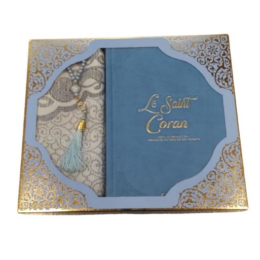 Coffret Coran de Luxe : Coran Fr/Ar, Tapis et Chapelet - Arabe Hafs - QR Code Inclus - Bleu Pastel - 2 Formats - Editions Sanadi