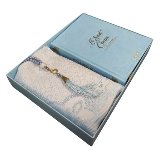 Coffret Coran de Luxe : Coran Fr/Ar, Tapis et Chapelet - Arabe Hafs - QR Code Inclus - Bleu Ciel - 2 Formats - Editions Sanadi