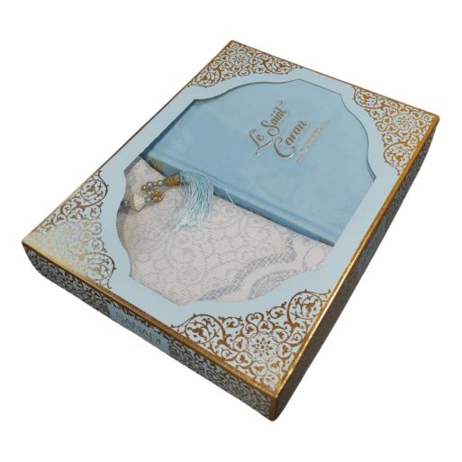 Coffret Coran de Luxe : Coran Fr/Ar, Tapis et Chapelet - Arabe Hafs - QR Code Inclus - Bleu Ciel - 2 Formats - Editions Sanadi