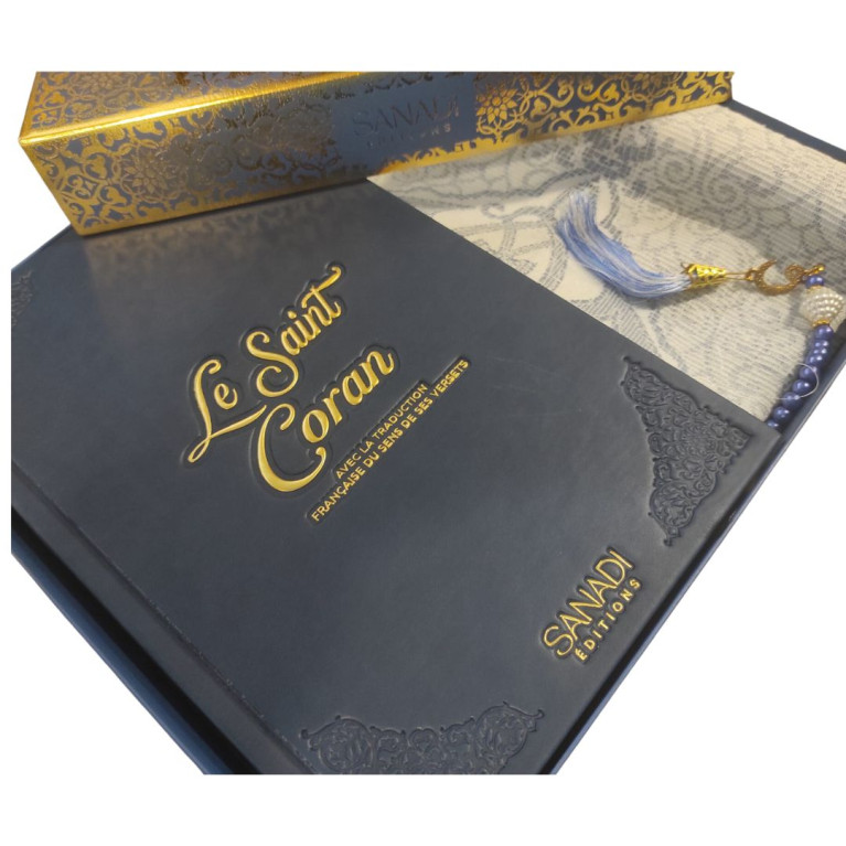 Coffret Coran de Luxe : Coran Fr/Ar, Tapis et Chapelet - Arabe Hafs - QR Code Inclus - Bleu Nuit - 2 Formats - Editions Sanadi