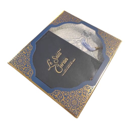 Coffret Coran de Luxe : Coran Fr/Ar, Tapis et Chapelet - Arabe Hafs - QR Code Inclus - Bleu Nuit - 2 Formats - Editions Sanadi
