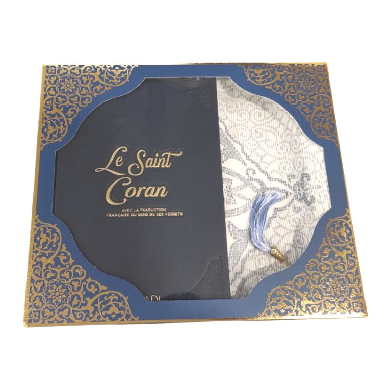 Coffret Coran de Luxe : Coran Fr/Ar, Tapis et Chapelet - Arabe Hafs - QR Code Inclus - Bleu Nuit - 2 Formats - Editions Sanadi