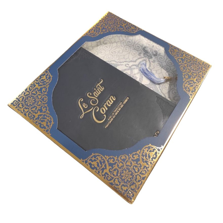 Coffret Coran de Luxe : Coran Fr/Ar, Tapis et Chapelet - Arabe Hafs - QR Code Inclus - Bleu Nuit - 2 Formats - Editions Sanadi