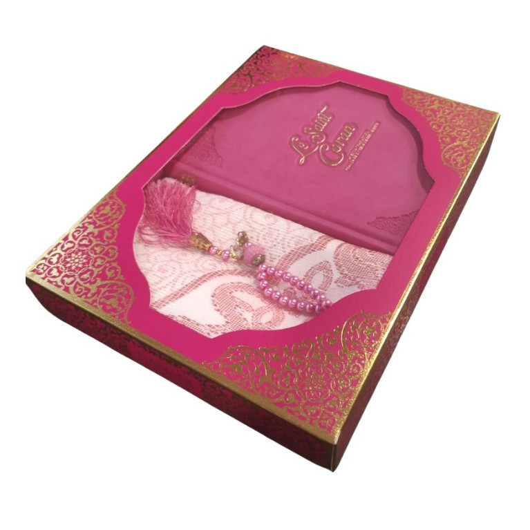 Coffret Coran de Luxe : Coran Fr/Ar, Tapis et Chapelet - Arabe Hafs - QR Code Inclus - Rose Vif- 2 Formats - Editions Sanadi