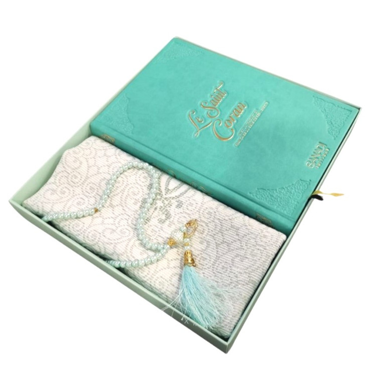 Coffret Coran de Luxe : Coran Fr/Ar, Tapis et Chapelet - Arabe Hafs - QR Code Inclus - Turquoise - 2 Formats - Editions Sanadi