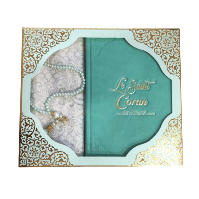 Coffret Coran de Luxe : Coran Fr/Ar, Tapis et Chapelet - Arabe Hafs - QR Code Inclus - Turquoise - 2 Formats - Editions Sanadi