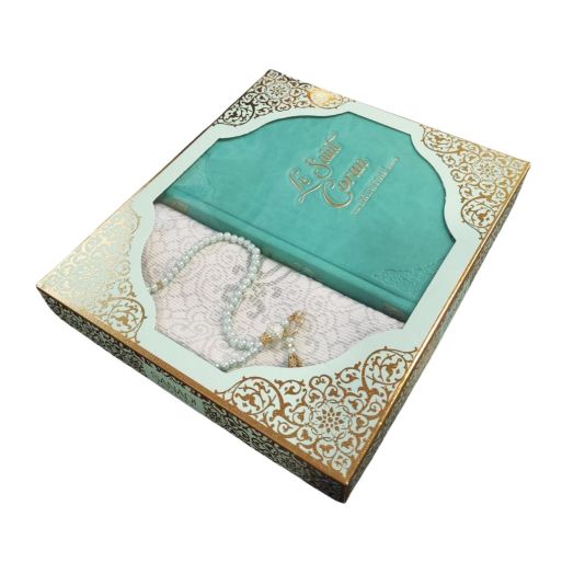 Coffret Coran de Luxe : Coran Fr/Ar, Tapis et Chapelet - Arabe Hafs - QR Code Inclus - Turquoise - 2 Formats - Editions Sanadi