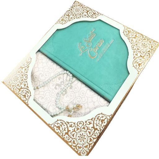 Coffret Coran de Luxe : Coran Fr/Ar, Tapis et Chapelet - Arabe Hafs - QR Code Inclus - Turquoise - 2 Formats - Editions Sanadi