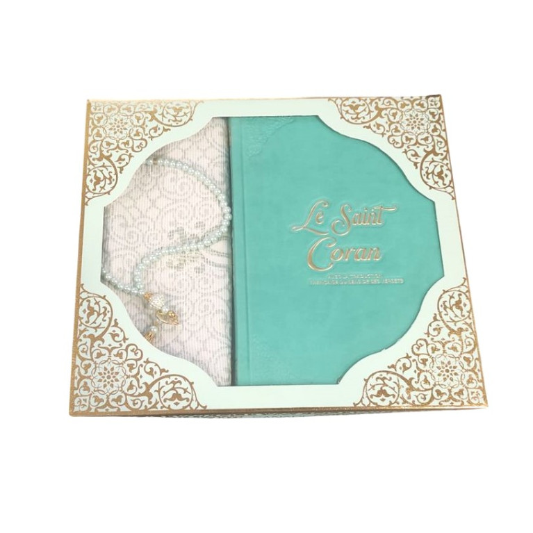 Coffret Coran de Luxe : Coran Fr/Ar, Tapis et Chapelet - Arabe Hafs - QR Code Inclus - Turquoise - 2 Formats - Editions Sanadi