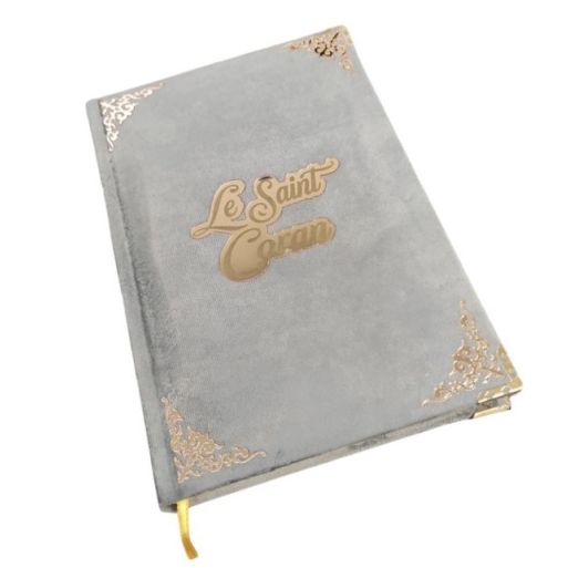Le Saint Coran en Daim de Luxe avec Dorure - Langue : Français et Arabe Hafs - QR Code - Gris - 2 Formats - Editions Sanadi