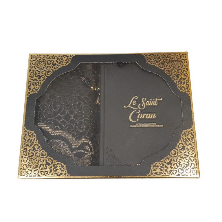 Coffret Coran de Luxe : Coran Fr/Ar, Tapis et Chapelet - Arabe Hafs - QR Code Inclus - Noir - 2 Formats - Editions Sanadi