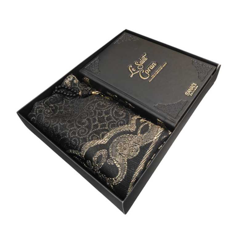 Coffret Coran de Luxe : Coran Fr/Ar, Tapis et Chapelet - Arabe Hafs - QR Code Inclus - Noir - 2 Formats - Editions Sanadi