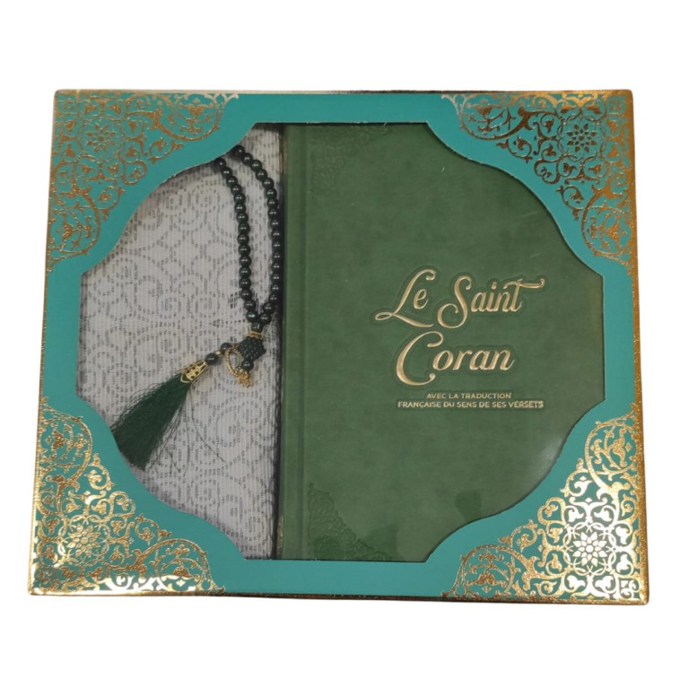 Coffret Coran de Luxe : Coran Fr/Ar, Tapis et Chapelet - Arabe Hafs - QR Code Inclus - Vert - 2 Formats - Editions Sanadi