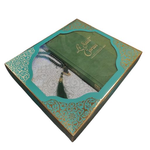 Coffret Coran de Luxe : Coran Fr/Ar, Tapis et Chapelet - Arabe Hafs - QR Code Inclus - Vert - 2 Formats - Editions Sanadi