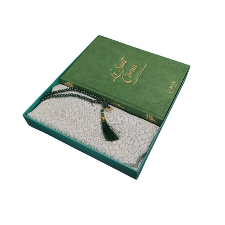 Coffret Coran de Luxe : Coran Fr/Ar, Tapis et Chapelet - Arabe Hafs - QR Code Inclus - Vert - 2 Formats - Editions Sanadi