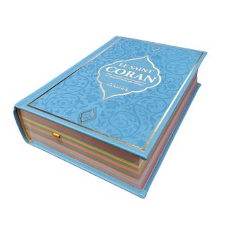 Le Saint Coran Bleu Pastel - Couverture Daim - Pages Arc-En-Ciel - Français-Arabe-Phonétique - Maison Ennour