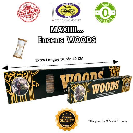 9 MAXI Encens Woods "40 cm" Faits à la Main - Découvrez les Arômes Envoûtants des Huiles et Résines Naturelles d'Inde - Cycle Br