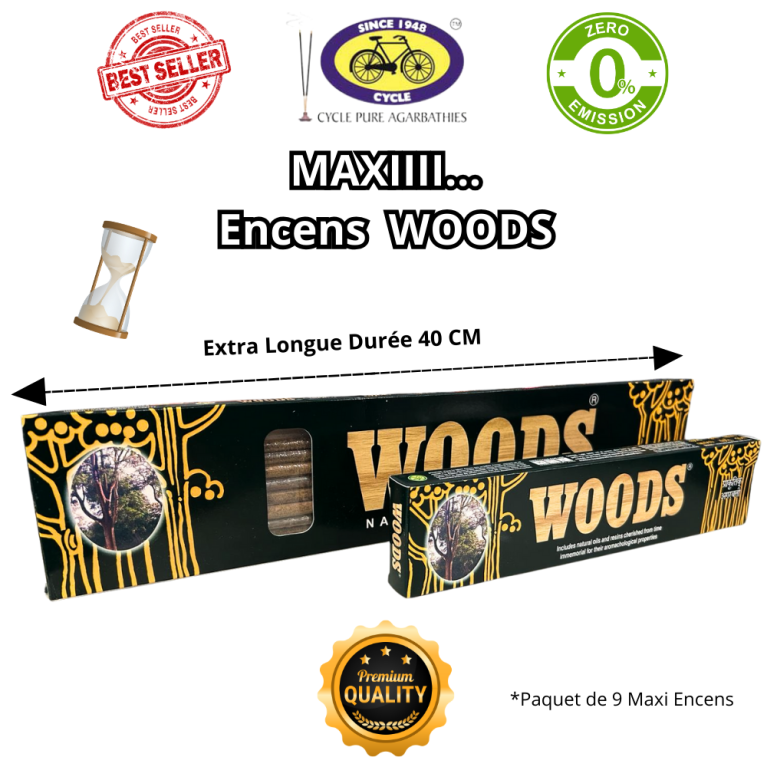 9 MAXI Encens Woods "40 cm" Faits à la Main - Découvrez les Arômes Envoûtants des Huiles et Résines Naturelles d'Inde - Cycle Br