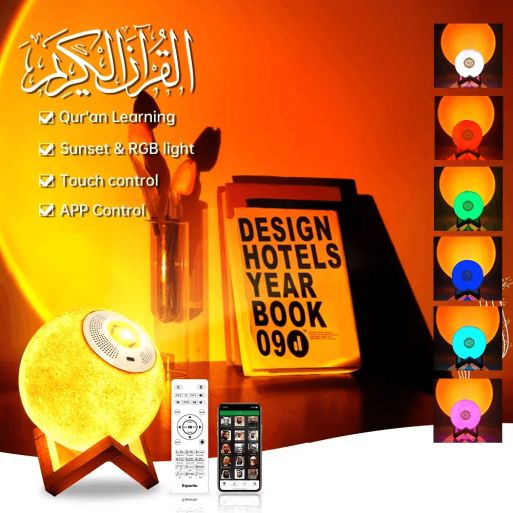 Lune Veilleuse Coranique MP3 - Lampe Coucher de Soleil, Tactile avec Haut-Parleur Bluetooth et Télécommande - SQ-175 Moon Lamp