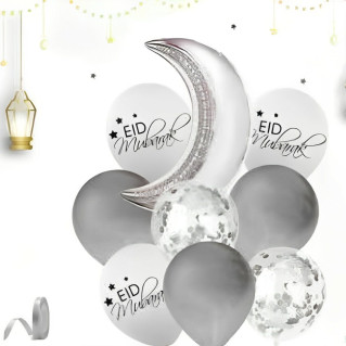 Fête de l'EID MUBARAK : 1 Lune Argenté + 3 Ballons Argenté, 3 Blanc Eid Mubaraket 2 Ballons Transparents avec Paillettes Argen