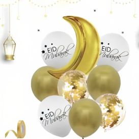 Fête de l'EID MUBARAK : 1 Lune Doré + 3 Ballons Doré, 3 Blanc Eid Mubaraket 2 Ballons Transparents Paillettes Doré