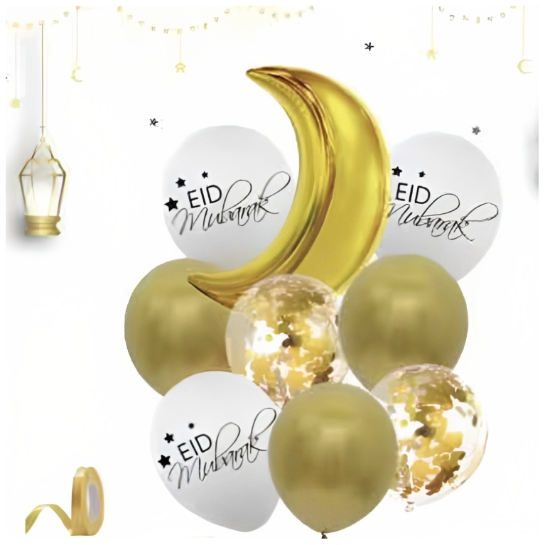 Fête de l'EID MUBARAK : 1 Lune Doré + 3 Ballons Doré, 3 Blanc Eid Mubaraket 2 Ballons Transparents Paillettes Doré