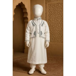 Qamis Traditionnel Bébé à Enfant - Écru Broderie verte. - 2 pcs Qamis, + Gilet - Brodé - de 3 mois à 4 ans 