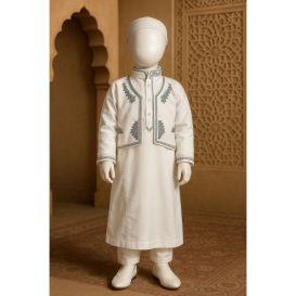 Qamis Traditionnel Bébé à Enfant - Écru Broderie verte. - 2 pcs Qamis, + Gilet - Brodé - de 3 mois à 4 ans 