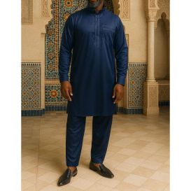 Qamis Pakistanais à Col - Tissu Satin Bleu - Qamis Court + Pantalon - Afaq