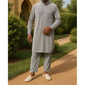 Qamis Pakistanais à Col - Tissu Satin Gris - Qamis Court + Pantalon - Afaq