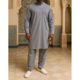 Qamis Pakistanais à Col - Tissu Satin Anthracite - Qamis Court + Pantalon - Afaq