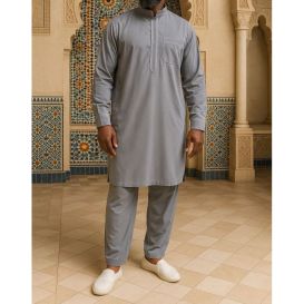 Qamis Pakistanais à Col - Tissu Satin Anthracite - Qamis Court + Pantalon - Afaq