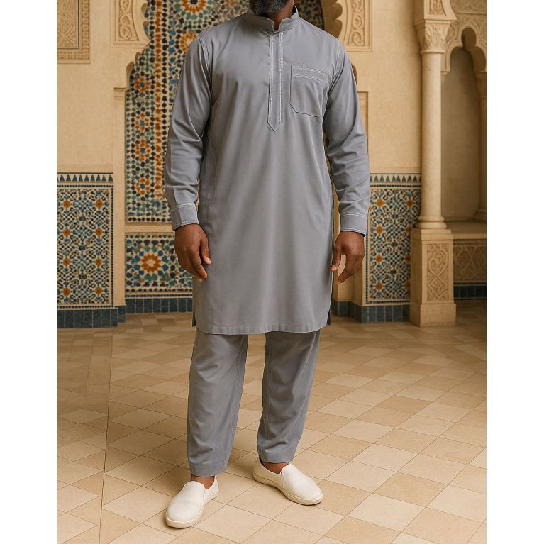 Qamis Pakistanais à Col - Tissu Satin Anthracite - Qamis Court + Pantalon - Afaq Qamis Pakistanais à Col - Tissu Satin Anthracite - Qamis Court + Pantalon - Afaq
