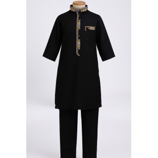 Qamis NoirBrodé pour Enfant à Adolescents -Ensemble Qamis et Pantalon - Taille de 4 à 15 ans