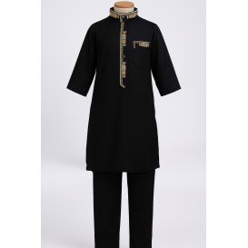 Qamis NoirBrodé pour Enfant à Adolescents -Ensemble Qamis et Pantalon - Taille de 4 à 15 ans