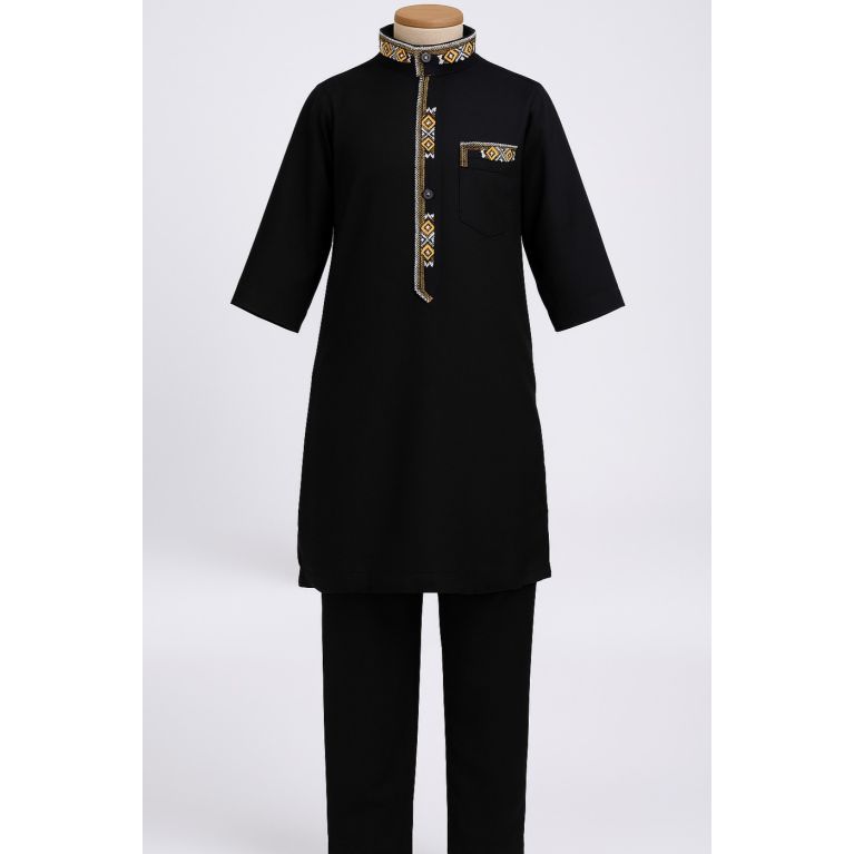 Qamis NoirBrodé pour Enfant à Adolescents -Ensemble Qamis et Pantalon - Taille de 4 à 15 ans