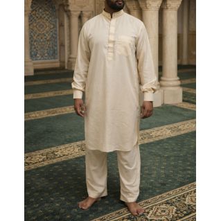 Qamis pakistanais beige avec pantalon Afaq : bouton col et manches
