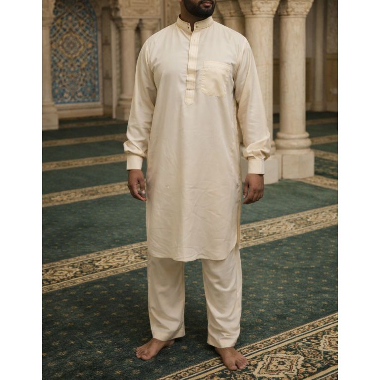 Qamis pakistanais beige avec pantalon Afaq : bouton col et manches