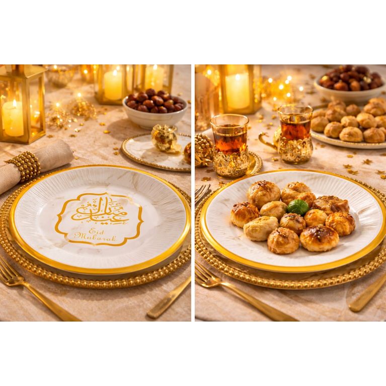 Lot de 10 Assiettes en carton Eïd Mubarak pour décoration de fête musulmane