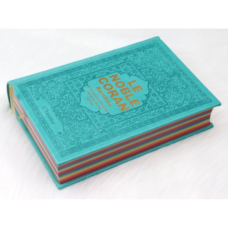 Le Noble Coran Vert - Couverture Daim - Pages En Couleur Arc-En-Ciel, Rainbow - Bilingue Français-Arabe