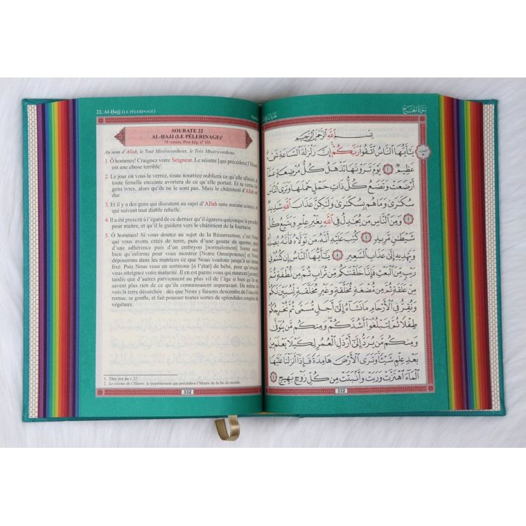 Le Noble Coran Vert - Couverture Daim - Pages En Couleur Arc-En-Ciel, Rainbow - Bilingue Français-Arabe