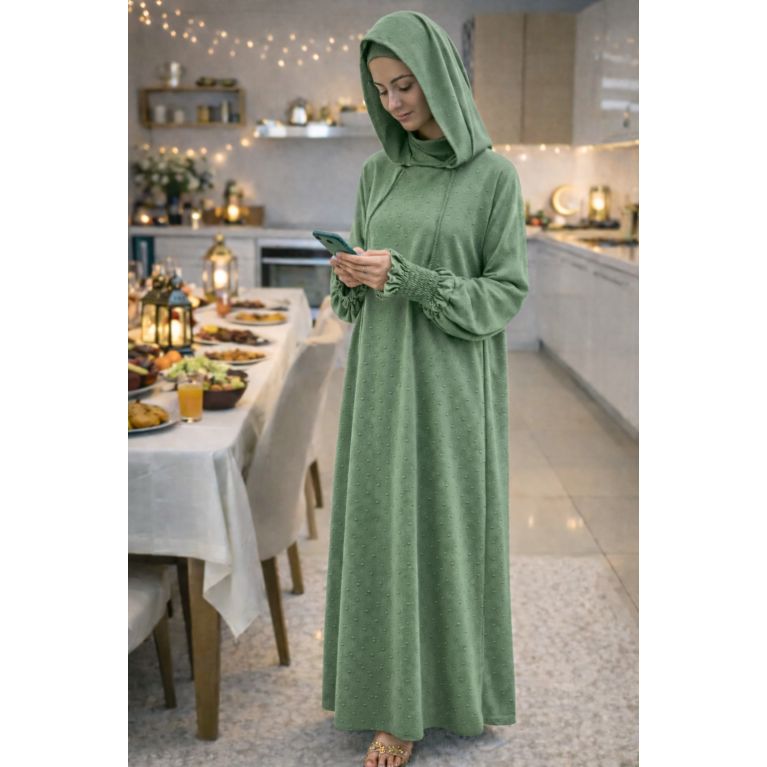 Jilbab 1 pièce femme Soundouss avec capuche et cagoule intégrée – manches smockées