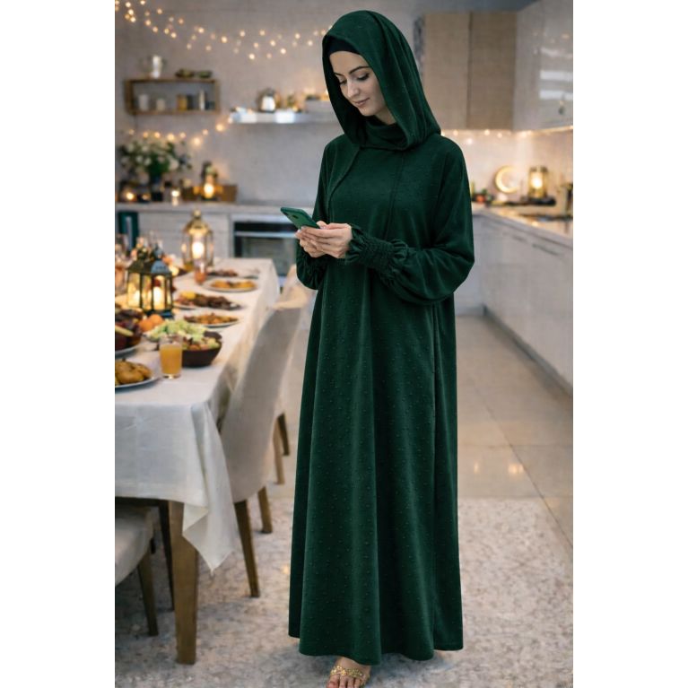 Jilbab 1 pièce femme Soundouss avec capuche et cagoule intégrée – manches smockées