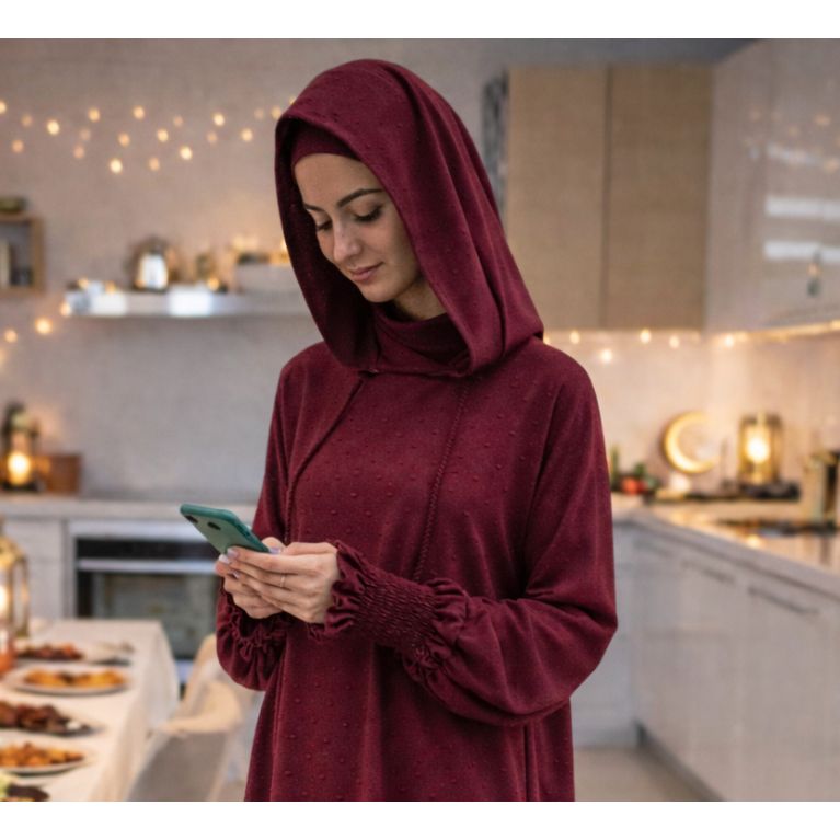 Jilbab 1 pièce femme Soundouss avec capuche et cagoule intégrée – manches smockées