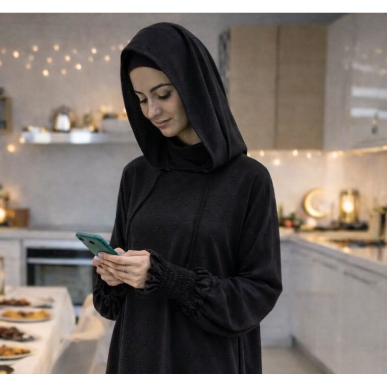 Jilbab 1 pièce femme Soundouss avec capuche et cagoule intégrée – manches smockées