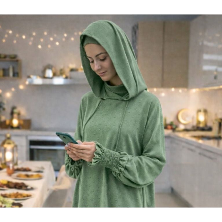 Jilbab 1 pièce femme Soundouss avec capuche et cagoule intégrée – manches smockées