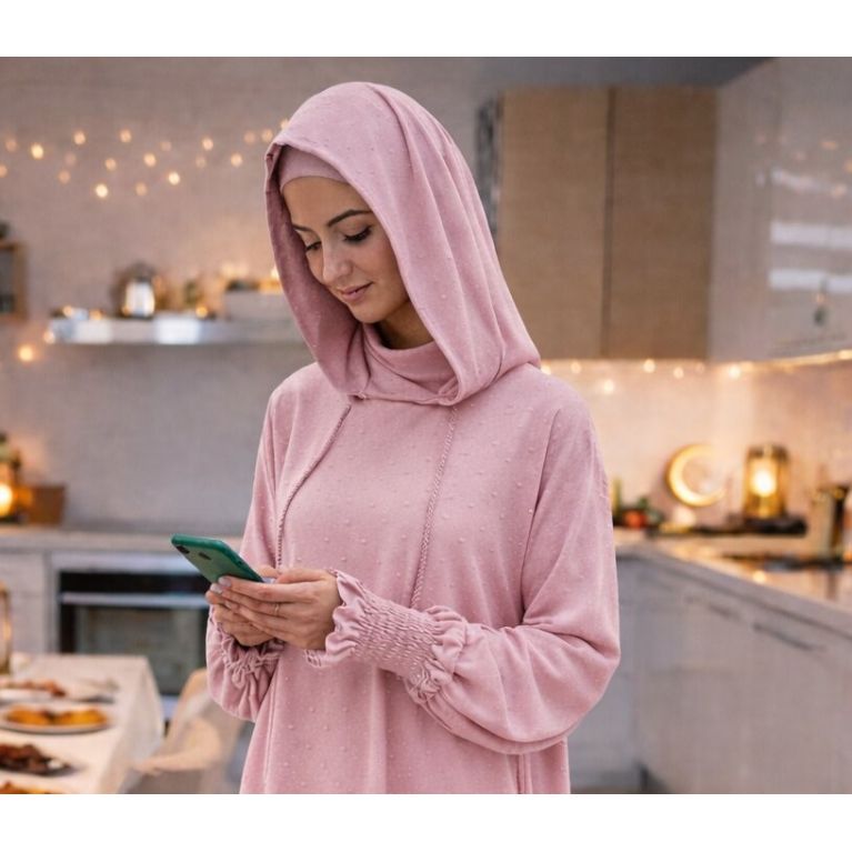 Jilbab 1 pièce femme Soundouss avec capuche et cagoule intégrée – manches smockées