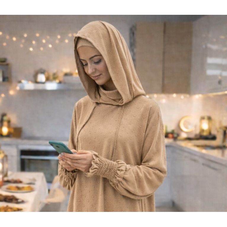 Jilbab 1 pièce femme Soundouss avec capuche et cagoule intégrée – manches smockées